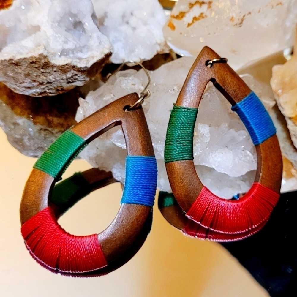 HANDMADE WOODEN THREADED LARGE TEARDROP HOOP EARRINGS